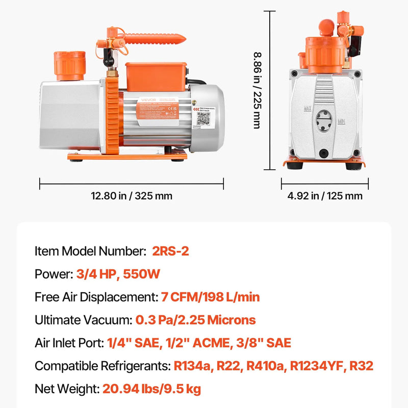 VEVOR vakuuma sūknis 198 l/min, divpakāpju rotācijas lāpstiņu HVAC AC vakuuma sūknis ar 4 polu motoru, piemērots R134a, R22, R410a, R1234yf un R32 sistēmām, komplektā vakuuma eļļa, automobiļu kondicionieru apkopei un sveķu degazēšanai
