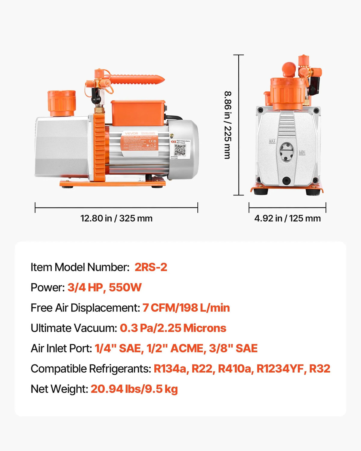 VEVOR Vacuum Pump 198 l/min, Two-Stage Rotary Vane HVAC AC Vacuum Pump with 4-Pole Motor, Suitable for R134a, R22, R410a, R1234yf and R32 Systems, Includes Vacuum Oil, for Car Air Conditioning Maintenance and Resin Degassing