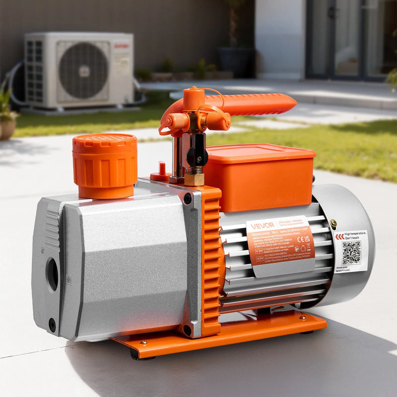 VEVOR vakuuma sūknis 198 l/min, divpakāpju rotācijas lāpstiņu HVAC AC vakuuma sūknis ar 4 polu motoru, piemērots R134a, R22, R410a, R1234yf un R32 sistēmām, komplektā vakuuma eļļa, automobiļu kondicionieru apkopei un sveķu degazēšanai