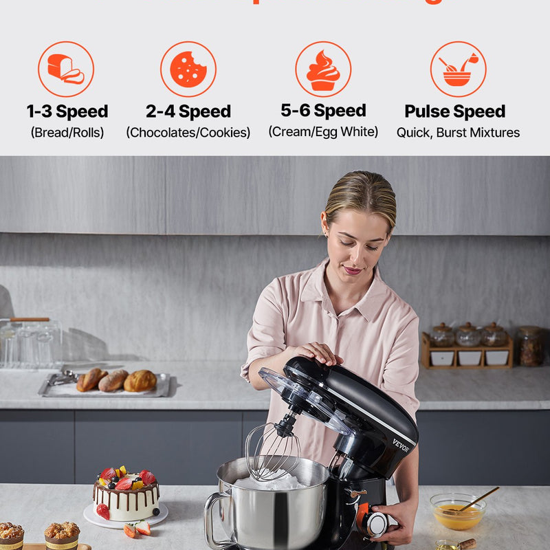 VEVOR 6L elektriskais virtuves mikseris, 1400W, 6+P ātrumi, mīklas maisītājs un putotājs