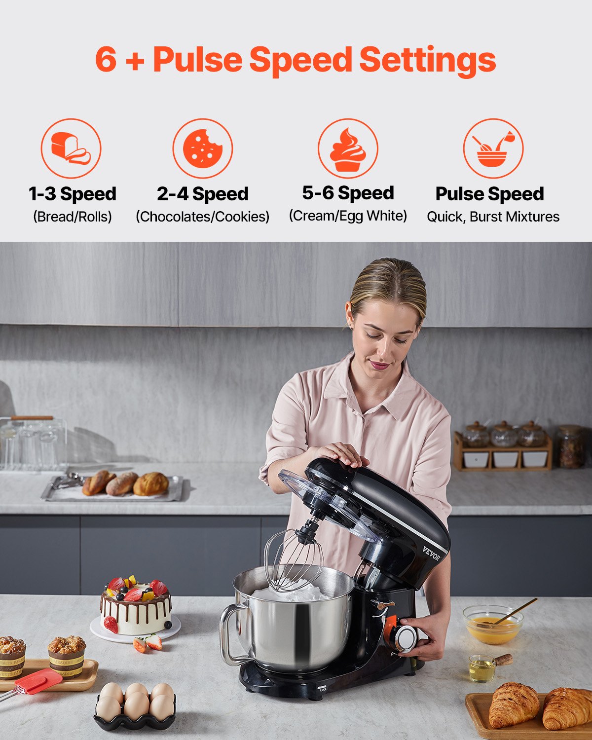 VEVOR Stand Mixer 6 L, 1400 W, 6+P Speeds, Dough Mixer and Whisk