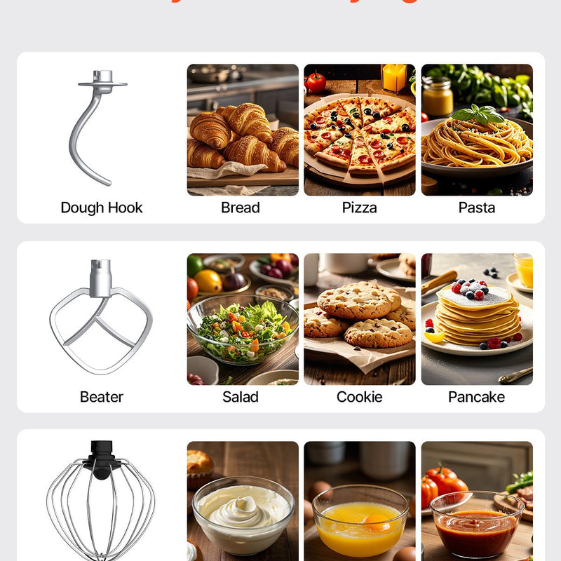 VEVOR 6L elektriskais virtuves mikseris, 1400W, 6+P ātrumi, mīklas maisītājs un putotājs