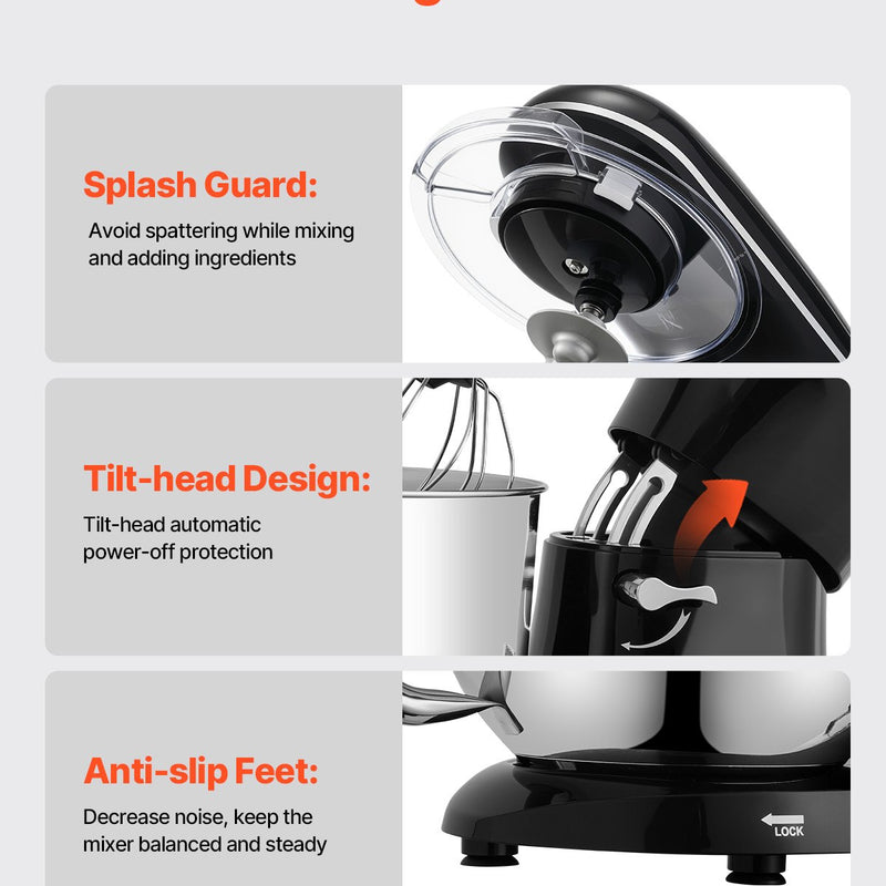VEVOR 6L elektriskais virtuves mikseris, 1400W, 6+P ātrumi, mīklas maisītājs un putotājs