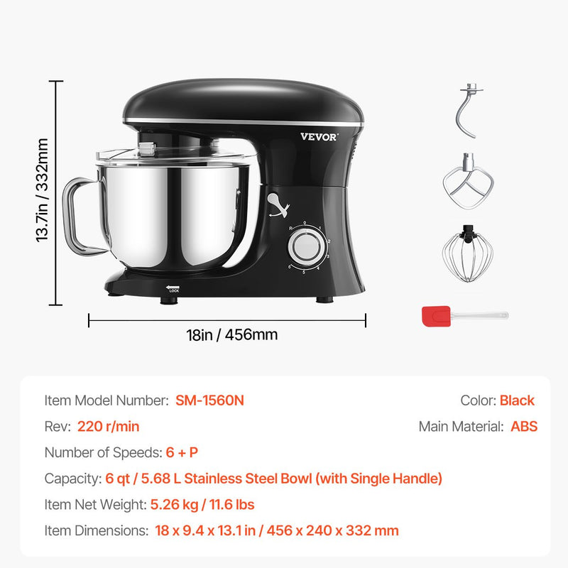 VEVOR 6L elektriskais virtuves mikseris, 1400W, 6+P ātrumi, mīklas maisītājs un putotājs