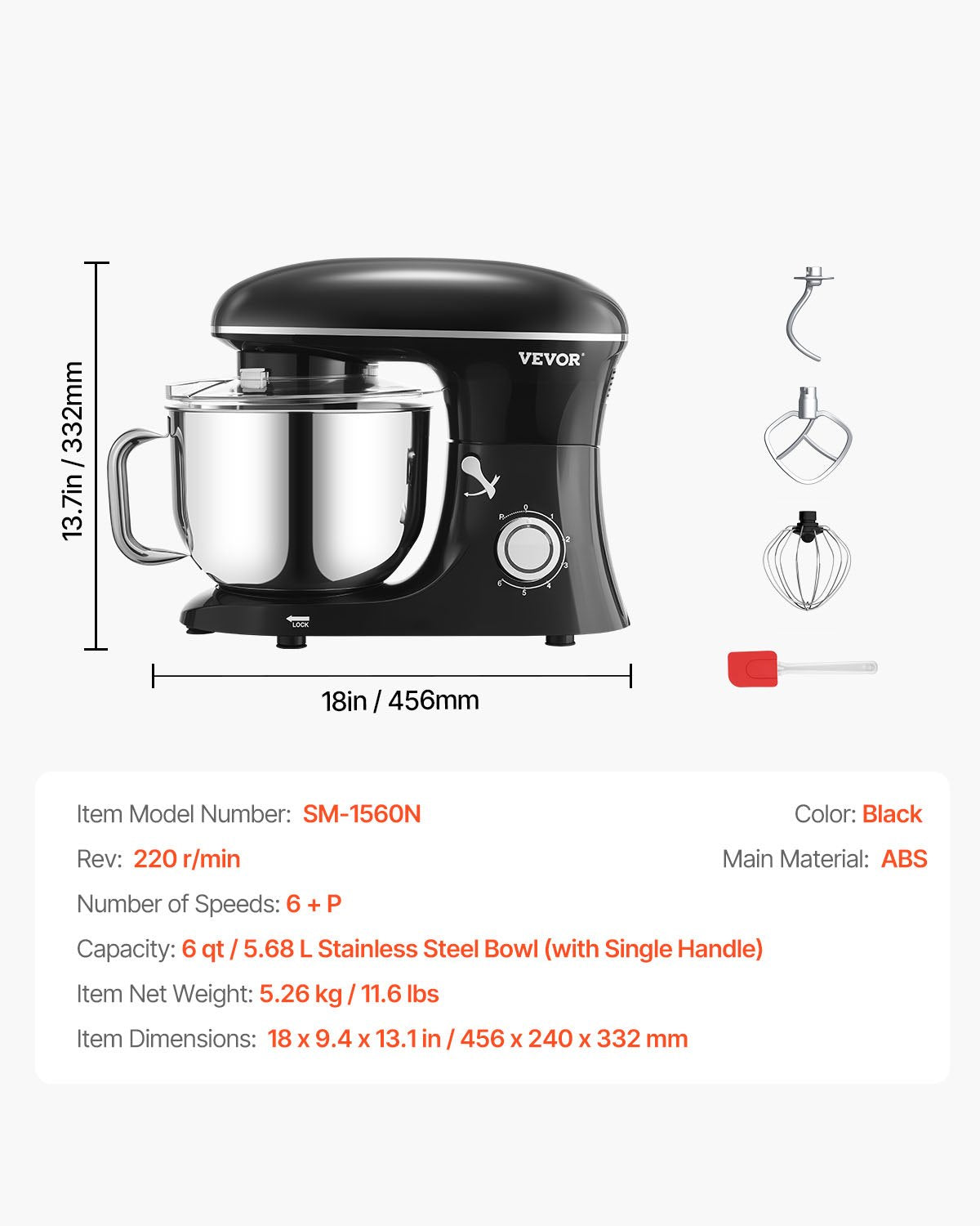VEVOR Stand Mixer 6 L, 1400 W, 6+P Speeds, Dough Mixer and Whisk