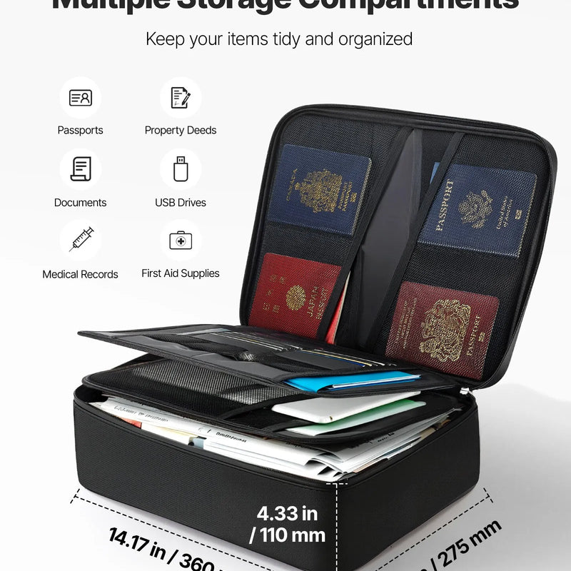 VEVOR ugunsdrošs dokumentu seifs, karstumizturīgs līdz 1000 ℃, uguns- un ūdensdrošs ar slēdzeni, pārnēsājams daudzslāņu failu uzglabāšanas organizators mājām, birojam vai ceļojumiem, piemērots pasēm, svarīgiem dokumentiem un failiem