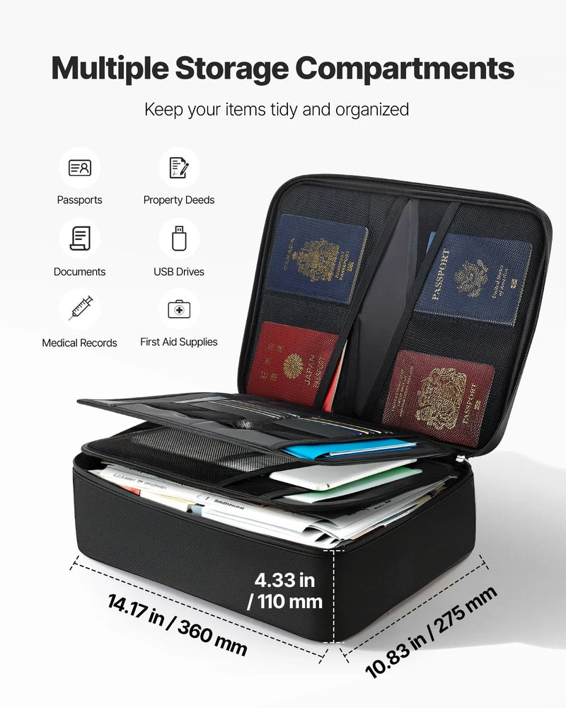 VEVOR ugunsdrošs dokumentu seifs, karstumizturīgs līdz 1000 ℃, uguns- un ūdensdrošs ar slēdzeni, pārnēsājams daudzslāņu failu uzglabāšanas organizators mājām, birojam vai ceļojumiem, piemērots pasēm, svarīgiem dokumentiem un failiem