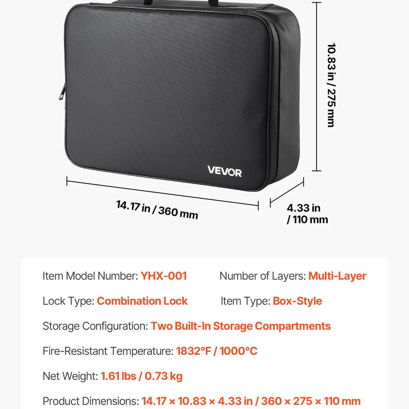 VEVOR ugunsdrošs dokumentu seifs, karstumizturīgs līdz 1000 ℃, uguns- un ūdensdrošs ar slēdzeni, pārnēsājams daudzslāņu failu uzglabāšanas organizators mājām, birojam vai ceļojumiem, piemērots pasēm, svarīgiem dokumentiem un failiem
