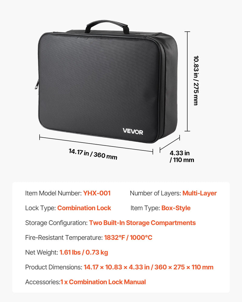 VEVOR ugunsdrošs dokumentu seifs, karstumizturīgs līdz 1000 ℃, uguns- un ūdensdrošs ar slēdzeni, pārnēsājams daudzslāņu failu uzglabāšanas organizators mājām, birojam vai ceļojumiem, piemērots pasēm, svarīgiem dokumentiem un failiem