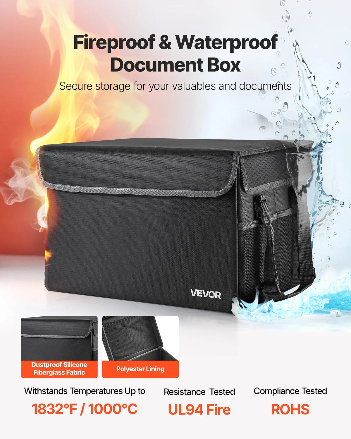 VEVOR Fire-Resistant Document Safe, Heat-Resistant up to 1000°C, Waterproof, Foldable and Space-Saving Design, Portable for Home, Office or Travel, Suitable for Passports, Important Documents and Files