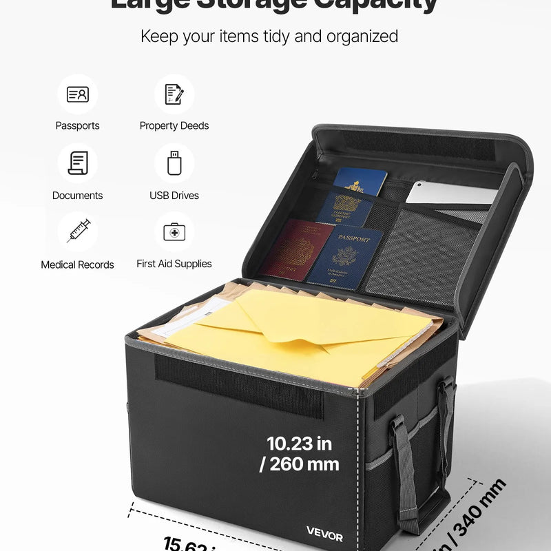 VEVOR ugunsdrošs dokumentu seifs, karstumizturīgs līdz 1000 ℃, ūdensdrošs, salokāms un telpu taupošs dizains, pārnēsājams mājām, birojam vai ceļojumiem, piemērots pasēm, svarīgiem dokumentiem un failiem