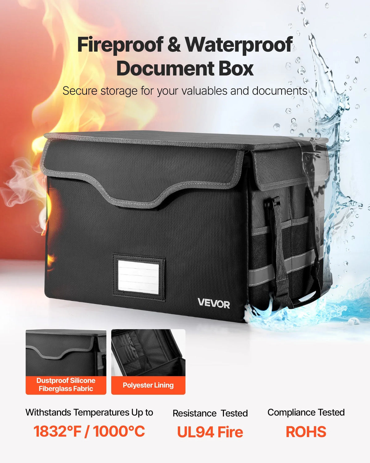 VEVOR Fire-Resistant Document Safe, Heat-Resistant up to 1000°C, Fireproof and Waterproof with Lock, Portable File Storage and Security Organiser for Home, Office or Travel, Suitable for Passports, Important Documents and Files