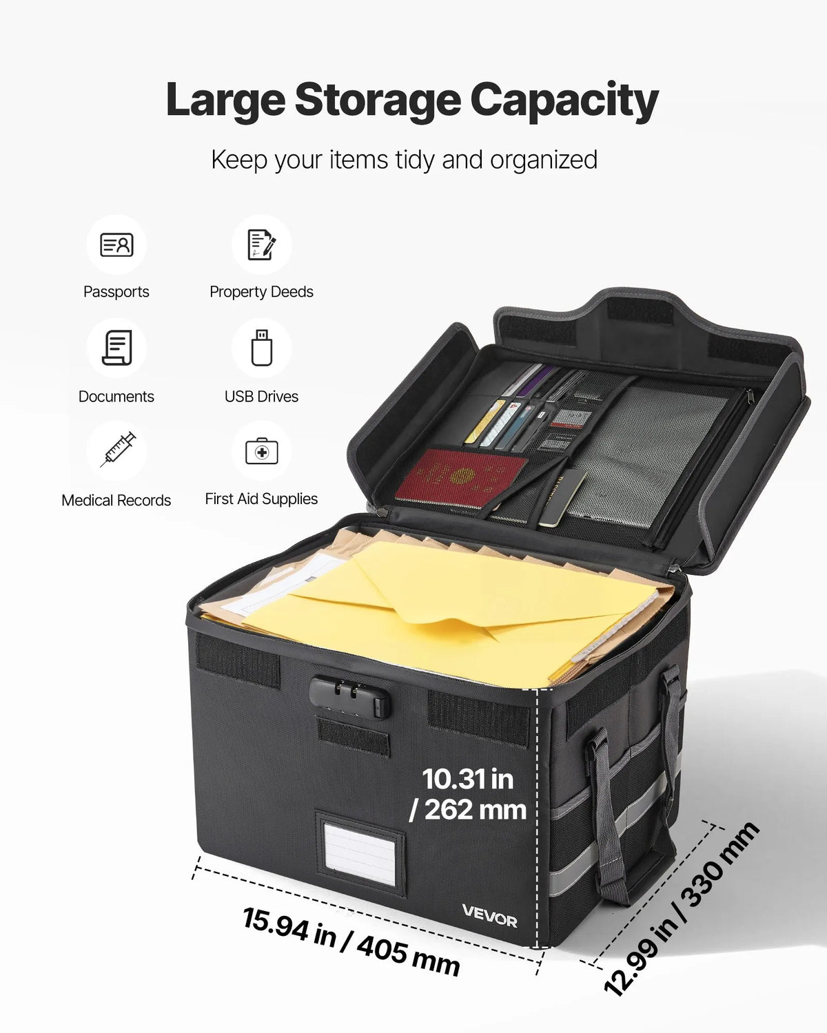 VEVOR Fire-Resistant Document Safe, Heat-Resistant up to 1000°C, Fireproof and Waterproof with Lock, Portable File Storage and Security Organiser for Home, Office or Travel, Suitable for Passports, Important Documents and Files