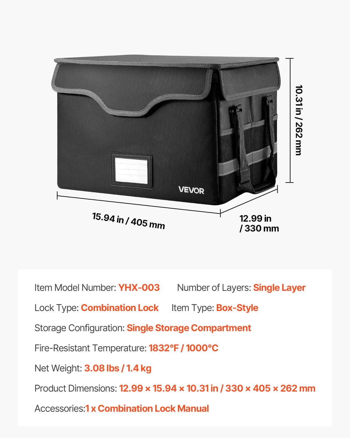 VEVOR Fire-Resistant Document Safe, Heat-Resistant up to 1000°C, Fireproof and Waterproof with Lock, Portable File Storage and Security Organiser for Home, Office or Travel, Suitable for Passports, Important Documents and Files