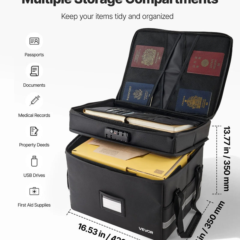 VEVOR ugunsdroša dokumentu kaste ar 1000 °C karstumizturību, uguns- un ūdensnecaurlaidīgu pārklājumu, slēdzeni un pārnēsājamu divslāņu konstrukciju, piemērota dokumentu, pasu un svarīgu failu drošai uzglabāšanai mājās, birojā vai ceļojumā.