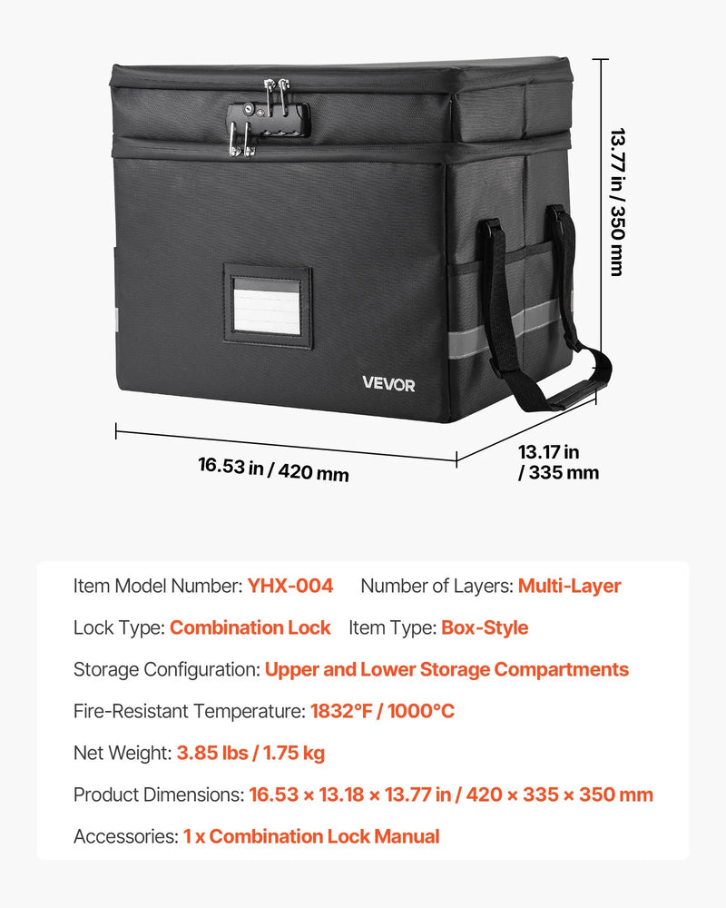 VEVOR ugunsdroša dokumentu kaste ar 1000 °C karstumizturību, uguns- un ūdensnecaurlaidīgu pārklājumu, slēdzeni un pārnēsājamu divslāņu konstrukciju, piemērota dokumentu, pasu un svarīgu failu drošai uzglabāšanai mājās, birojā vai ceļojumā.