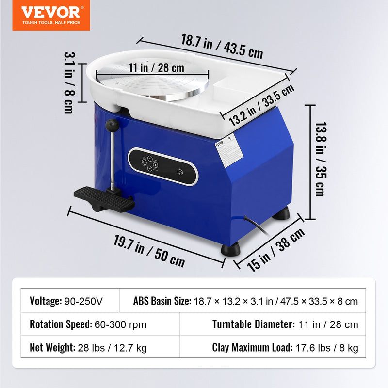 VEVOR Keramikas ritenis 28 cm ar pedāli, skulptūru instrumentiem, priekšautu, 450W