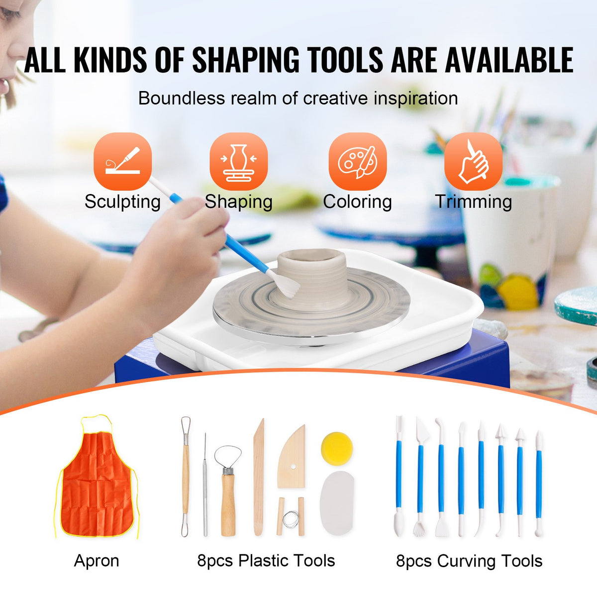 VEVOR Mini Ceramic Wheel 30 W with Sculpting Tools, Apron and Two Rotating Tables