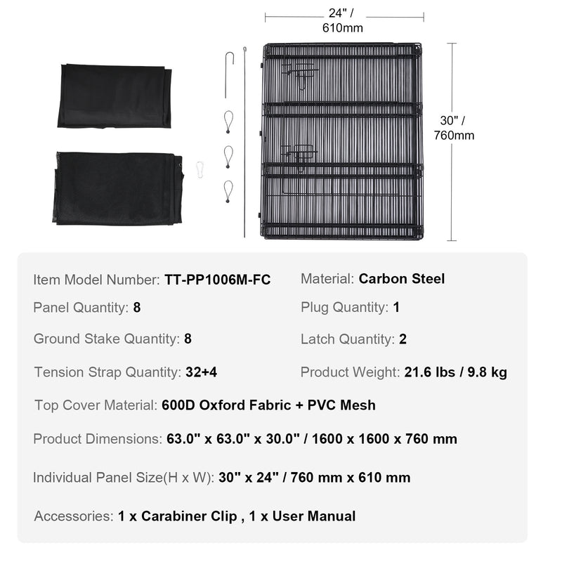 VEVOR 8 Paneļu Salokāms Metāla Suņu Treniņu Aploks ar Paklāju un Pārsegu (76 cm augsts)