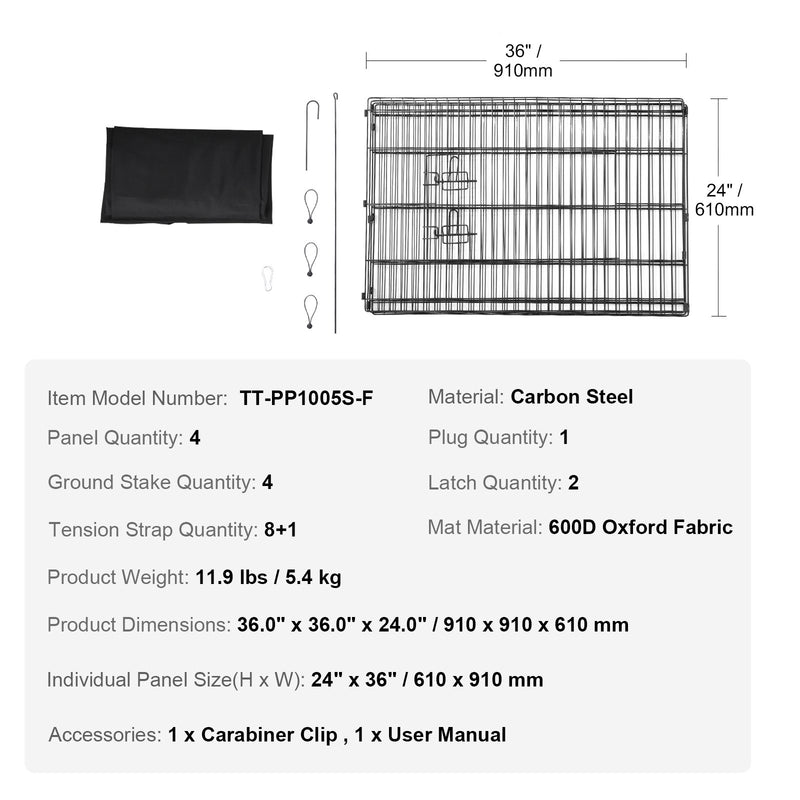 VEVOR Saliekama metāla suņu būris ar 4 paneļiem un apakšas paklājiņu, 91 cm