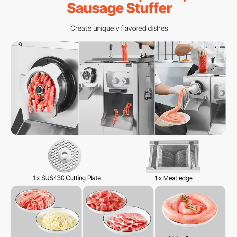 VEVOR komerciālais elektriskais gaļas malējs un šķēlētājs, 6,35 kg/min, desu pildītājs