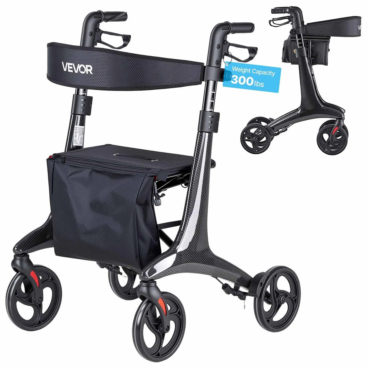 VEVOR rollators ar sēdekli senioriem, salokāms viegls oglekļa šķiedras staigāšanas palīglīdzeklis ar PVC riteņiem 203 mm un regulējamu rokturi, kravnesība 136 kg - ZEMLETES.LV