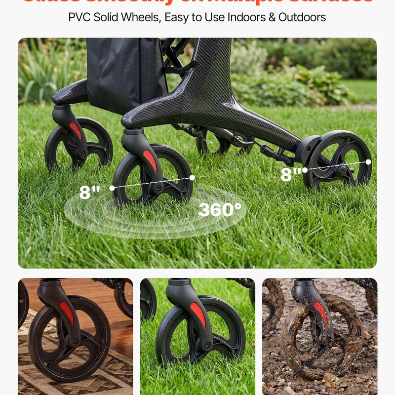 VEVOR rollators ar sēdekli senioriem, salokāms viegls oglekļa šķiedras staigāšanas palīglīdzeklis ar PVC riteņiem 203 mm un regulējamu rokturi, kravnesība 136 kg - ZEMLETES.LV