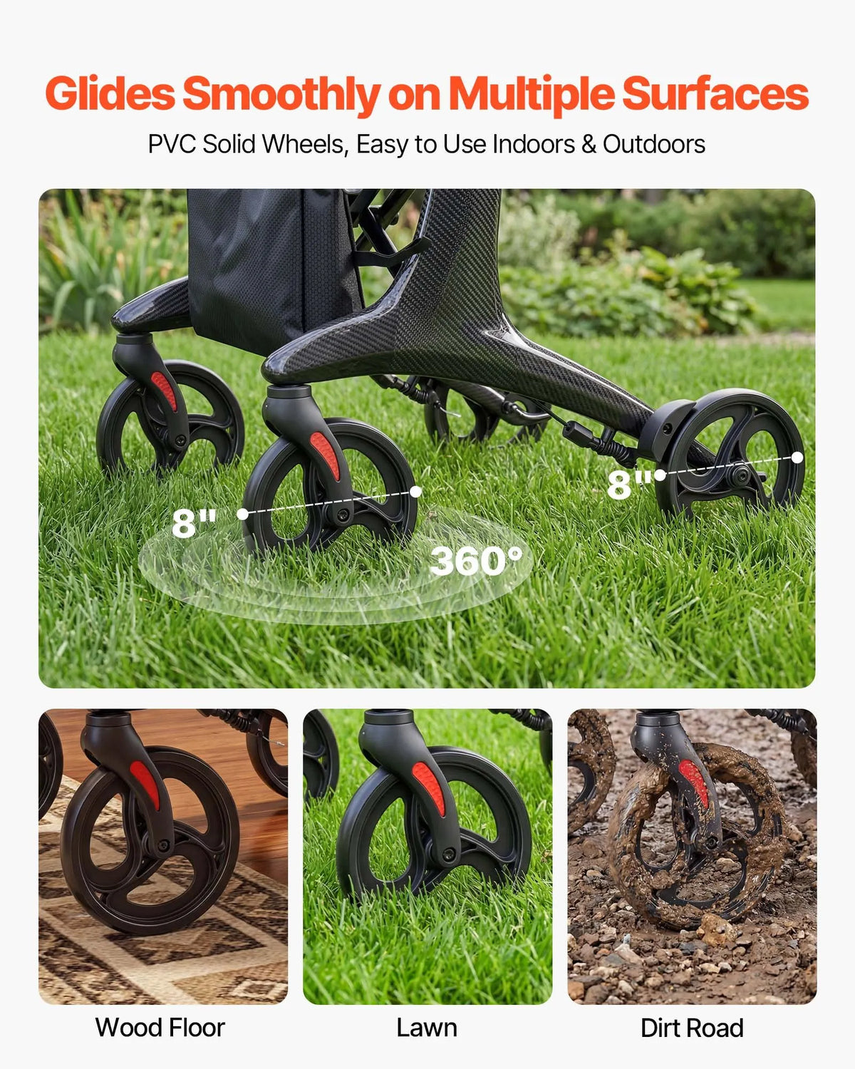 VEVOR rollators ar sēdekli senioriem, salokāms viegls oglekļa šķiedras staigāšanas palīglīdzeklis ar PVC riteņiem 203 mm un regulējamu rokturi, kravnesība 136 kg - ZEMLETES.LV
