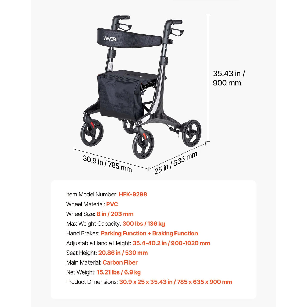 VEVOR rollators ar sēdekli senioriem, salokāms viegls oglekļa šķiedras staigāšanas palīglīdzeklis ar PVC riteņiem 203 mm un regulējamu rokturi, kravnesība 136 kg - ZEMLETES.LV