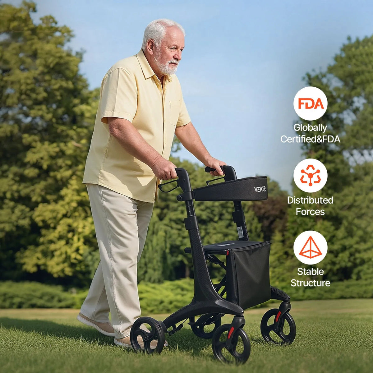 VEVOR rollators ar sēdekli senioriem, salokāms viegls oglekļa šķiedras staigāšanas palīglīdzeklis ar PVC riteņiem 203 mm un regulējamu rokturi, kravnesība 136 kg - ZEMLETES.LV