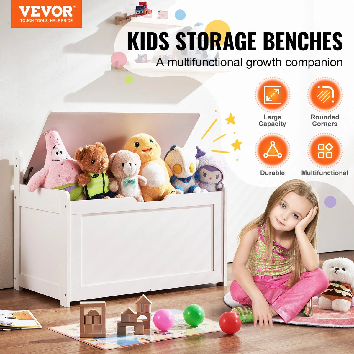VEVOR Wooden Toy Storage Box for Children with Removable Lid and Safety Hinge, Large Storage Bench-Style Box (83 × 45 × 61 cm) for Playroom, Bedroom, Living Room or Hallway, White