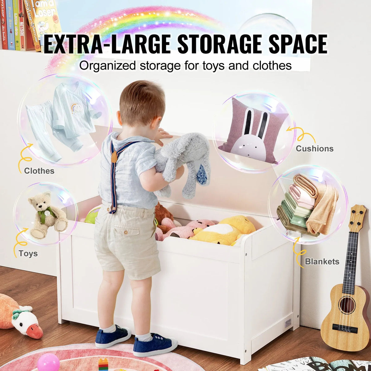 VEVOR Wooden Toy Storage Box for Children with Removable Lid and Safety Hinge, Large Storage Bench-Style Box (83 × 45 × 61 cm) for Playroom, Bedroom, Living Room or Hallway, White
