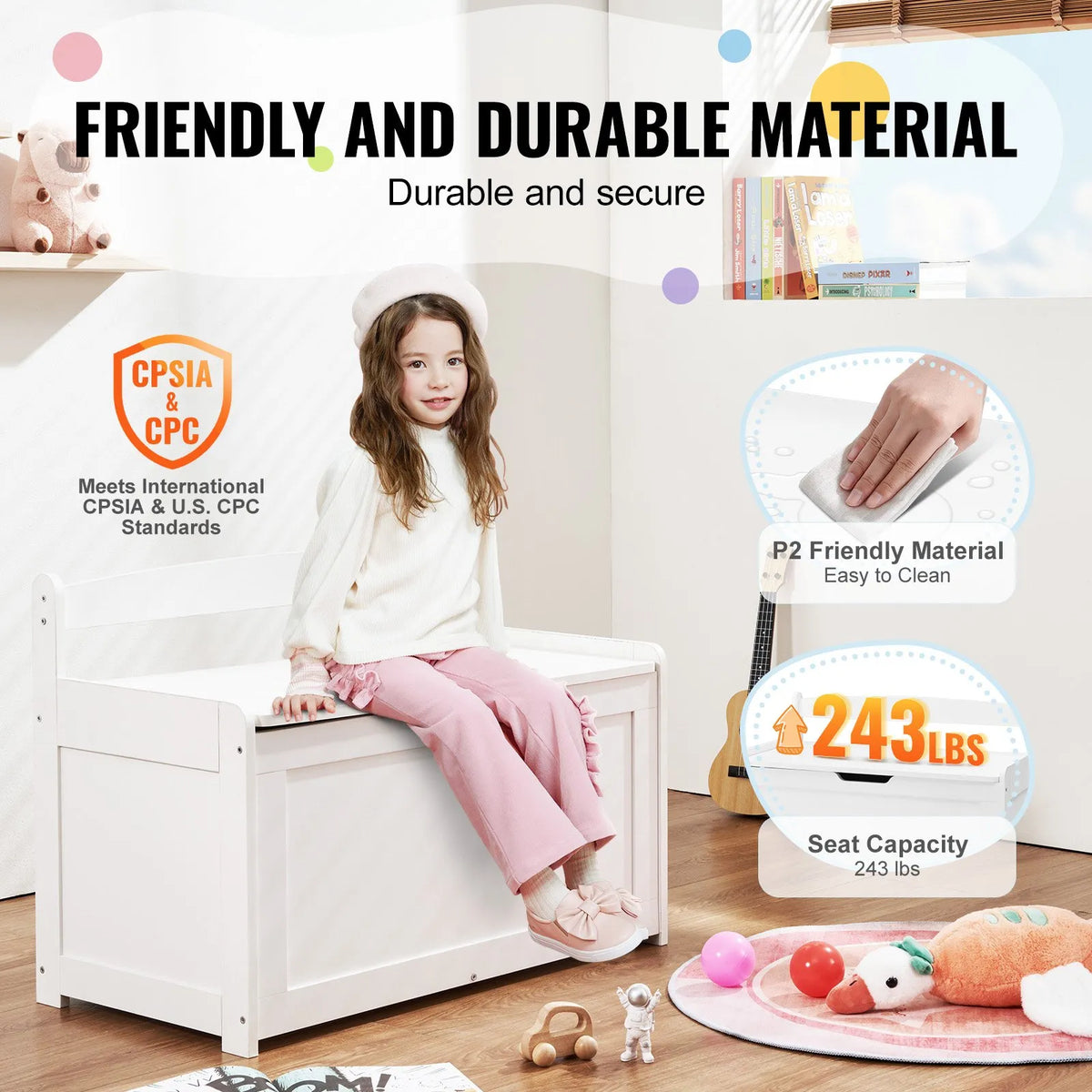 VEVOR Wooden Toy Storage Box for Children with Removable Lid and Safety Hinge, Large Storage Bench-Style Box (83 × 45 × 61 cm) for Playroom, Bedroom, Living Room or Hallway, White