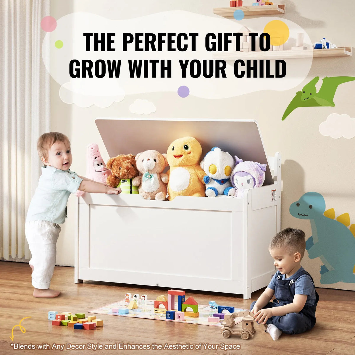 VEVOR Wooden Toy Storage Box for Children with Removable Lid and Safety Hinge, Large Storage Bench-Style Box (83 × 45 × 61 cm) for Playroom, Bedroom, Living Room or Hallway, White