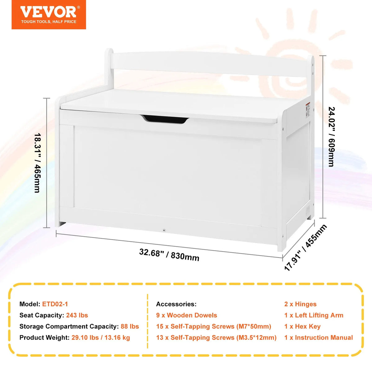 VEVOR Wooden Toy Storage Box for Children with Removable Lid and Safety Hinge, Large Storage Bench-Style Box (83 × 45 × 61 cm) for Playroom, Bedroom, Living Room or Hallway, White