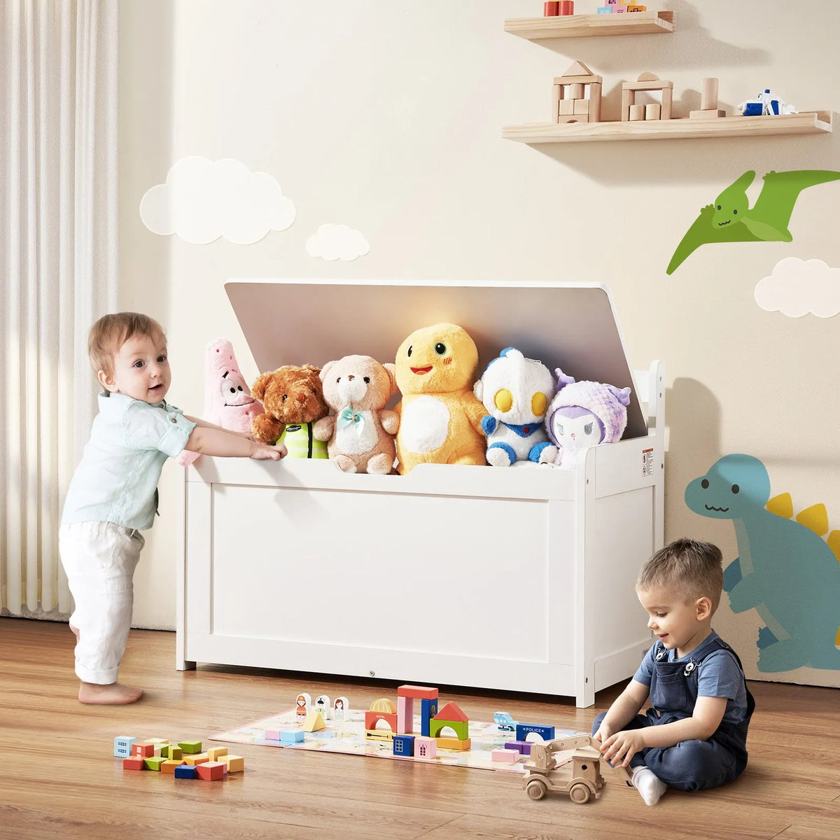 VEVOR Wooden Toy Storage Box for Children with Removable Lid and Safety Hinge, Large Storage Bench-Style Box (83 × 45 × 61 cm) for Playroom, Bedroom, Living Room or Hallway, White