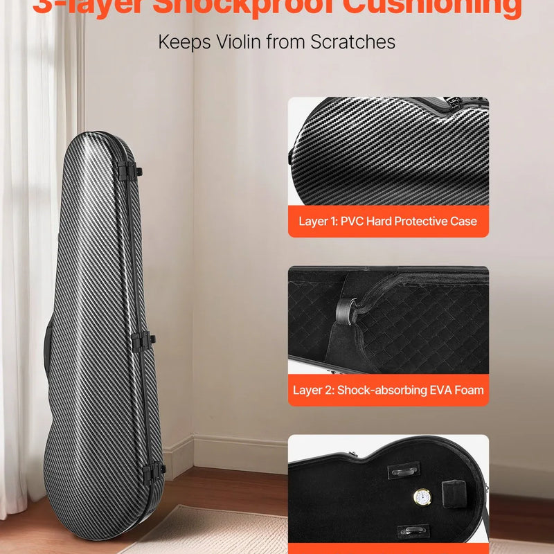 VEVOR 4/4 pilna izmēra vijoles futrālis, ar iebūvētu higrometru, viegls pārnēsājams ceļojumu somas tipa koferis, ar mīkstu plīša oderi, divām plecu siksnām, pret skrāpējumiem izturīgs, profesionāla trijstūra forma, vijolei, melns