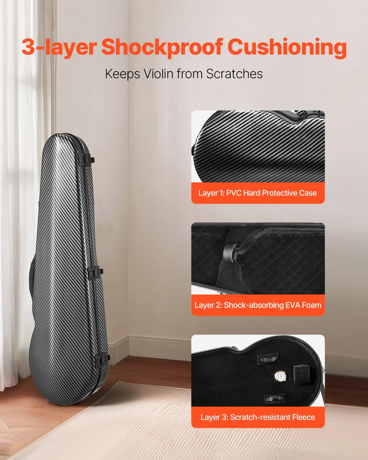 VEVOR 4/4 Violin Case with Hygrometer, Lightweight Hard Case with Plush Lining and 2 Shoulder Straps, Black