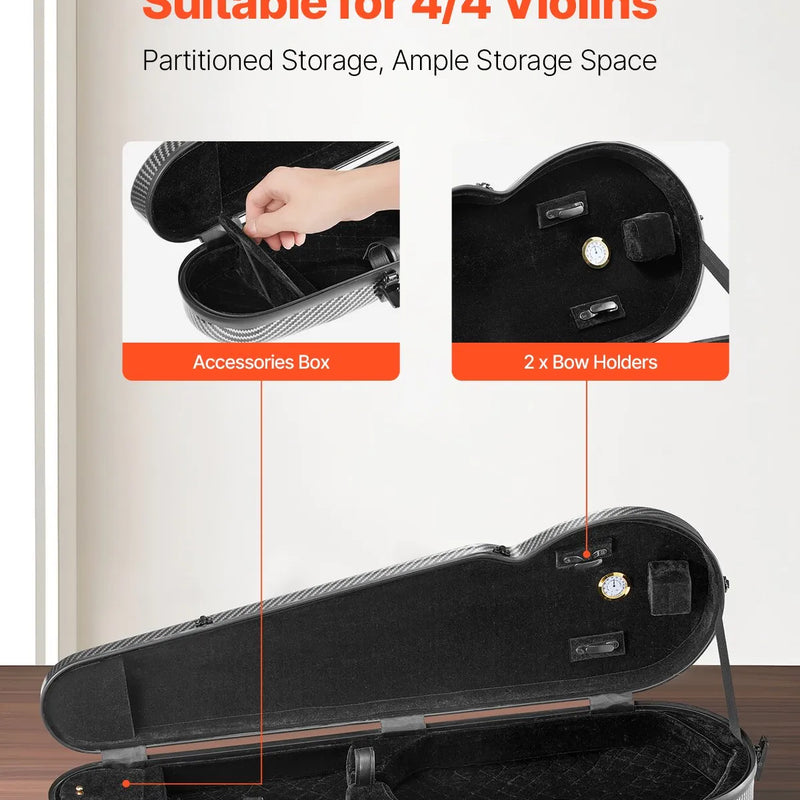 VEVOR 4/4 pilna izmēra vijoles futrālis, ar iebūvētu higrometru, viegls pārnēsājams ceļojumu somas tipa koferis, ar mīkstu plīša oderi, divām plecu siksnām, pret skrāpējumiem izturīgs, profesionāla trijstūra forma, vijolei, melns