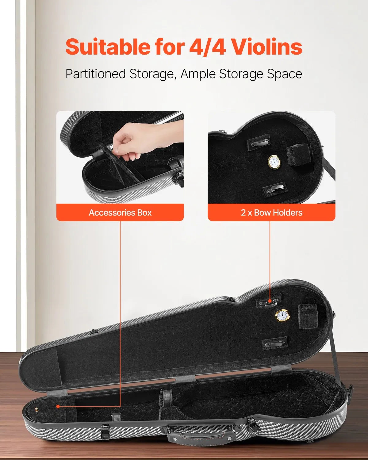 VEVOR 4/4 Violin Case with Hygrometer, Lightweight Hard Case with Plush Lining and 2 Shoulder Straps, Black