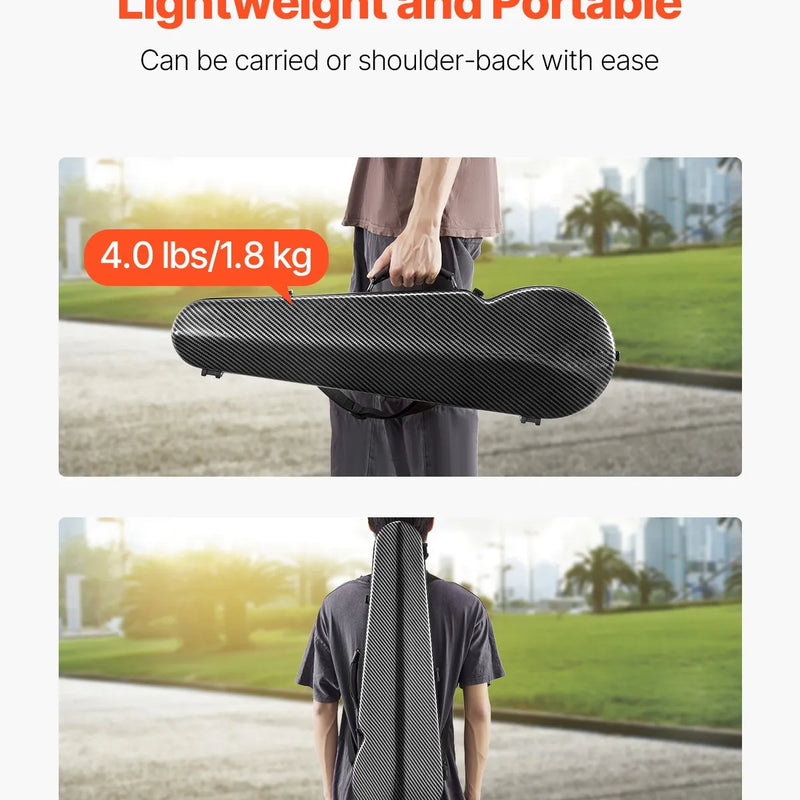 VEVOR 4/4 pilna izmēra vijoles futrālis, ar iebūvētu higrometru, viegls pārnēsājams ceļojumu somas tipa koferis, ar mīkstu plīša oderi, divām plecu siksnām, pret skrāpējumiem izturīgs, profesionāla trijstūra forma, vijolei, melns