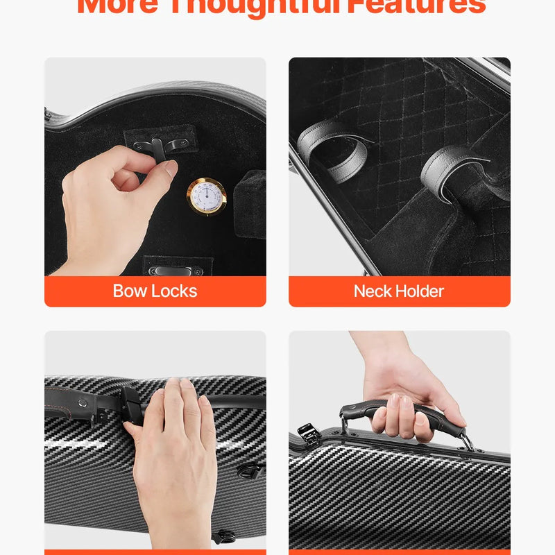 VEVOR 4/4 pilna izmēra vijoles futrālis, ar iebūvētu higrometru, viegls pārnēsājams ceļojumu somas tipa koferis, ar mīkstu plīša oderi, divām plecu siksnām, pret skrāpējumiem izturīgs, profesionāla trijstūra forma, vijolei, melns