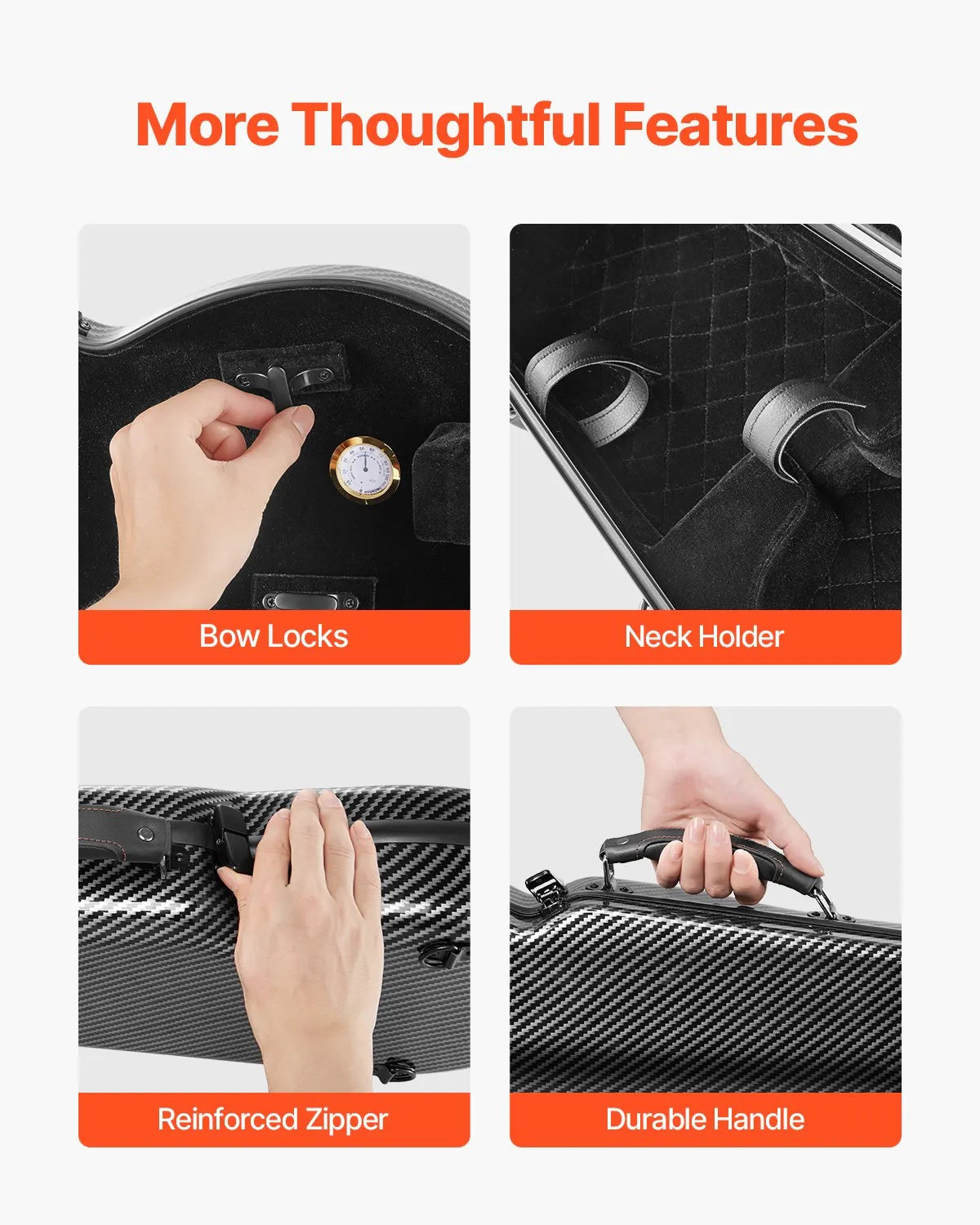 VEVOR 4/4 Violin Case with Hygrometer, Lightweight Hard Case with Plush Lining and 2 Shoulder Straps, Black