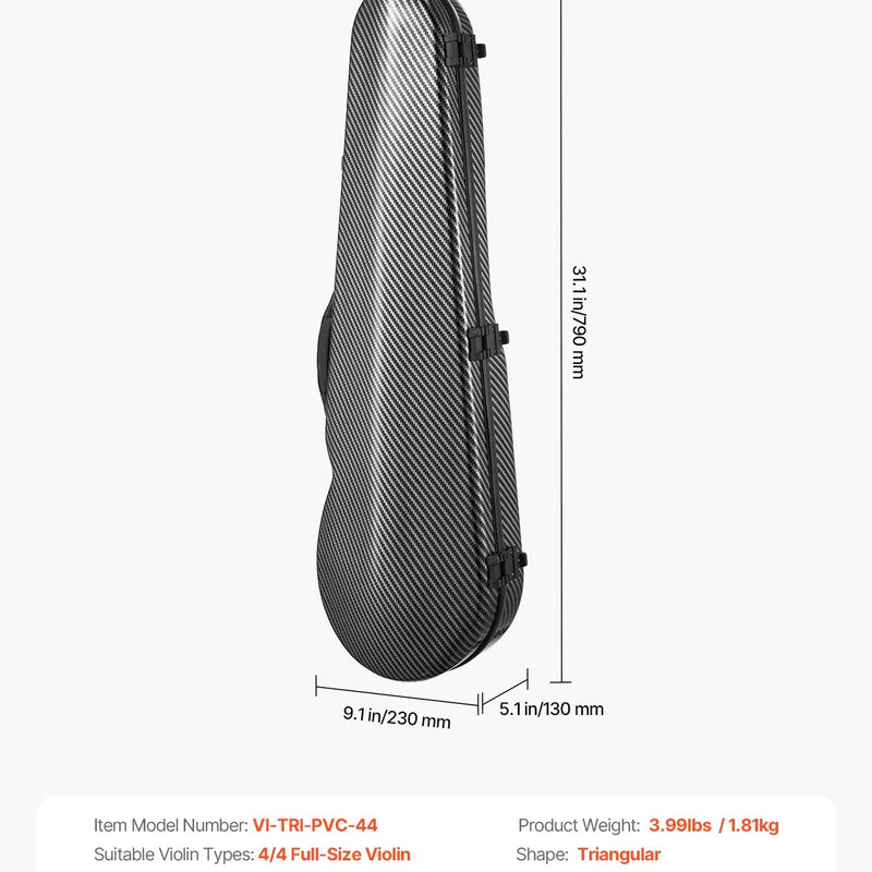 VEVOR 4/4 pilna izmēra vijoles futrālis, ar iebūvētu higrometru, viegls pārnēsājams ceļojumu somas tipa koferis, ar mīkstu plīša oderi, divām plecu siksnām, pret skrāpējumiem izturīgs, profesionāla trijstūra forma, vijolei, melns
