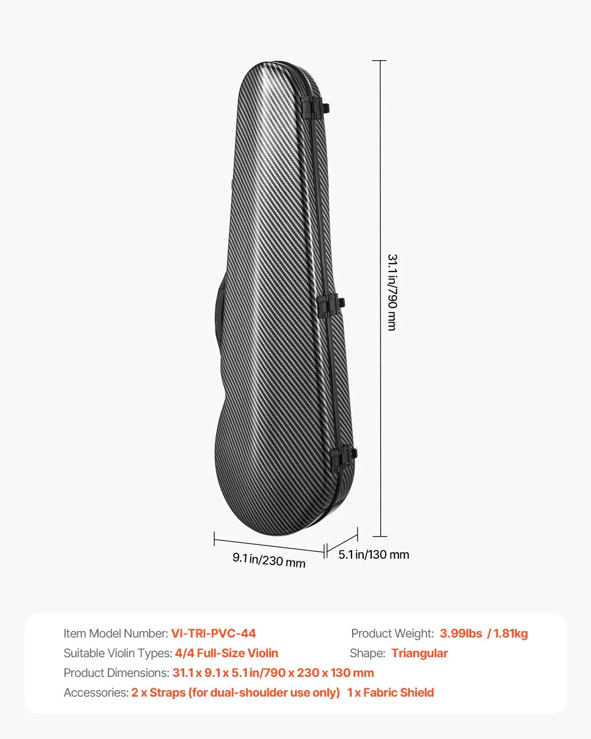 VEVOR 4/4 Violin Case with Hygrometer, Lightweight Hard Case with Plush Lining and 2 Shoulder Straps, Black