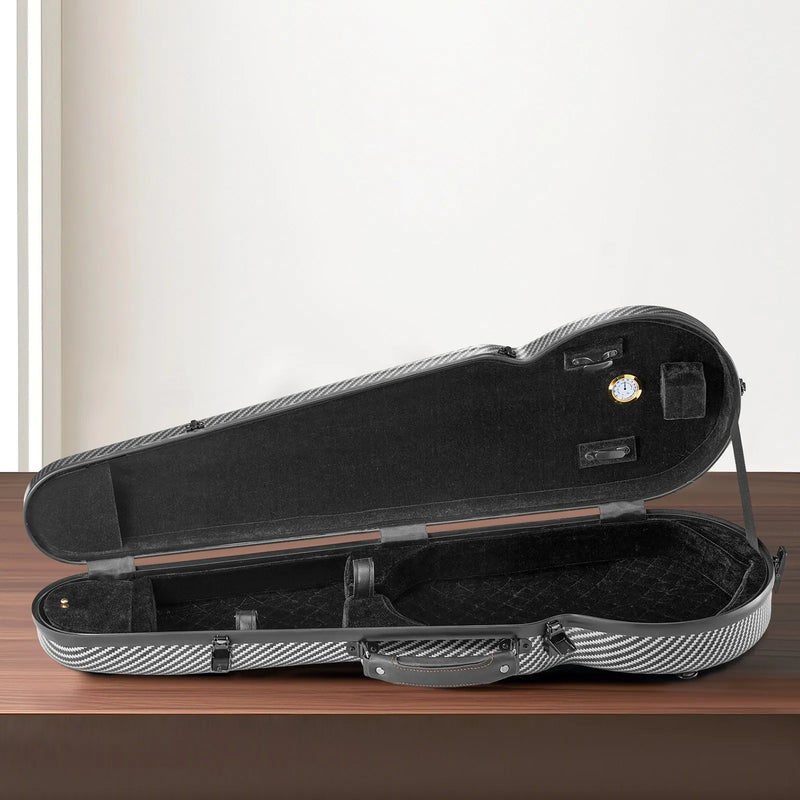 VEVOR 4/4 pilna izmēra vijoles futrālis, ar iebūvētu higrometru, viegls pārnēsājams ceļojumu somas tipa koferis, ar mīkstu plīša oderi, divām plecu siksnām, pret skrāpējumiem izturīgs, profesionāla trijstūra forma, vijolei, melns