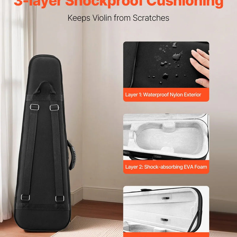 VEVOR 4/4 pilna izmēra vijoļu futrālis, ūdensizturīgs neilona pārvalks, viegls un pārnēsājams ceļojumu mais, ar mīkstu oderi, divām plecu siksnām un pret skrāpējumiem noturīgu apdari, profesionāls trīsstūra formas dizains, vijolei, melnā krāsā