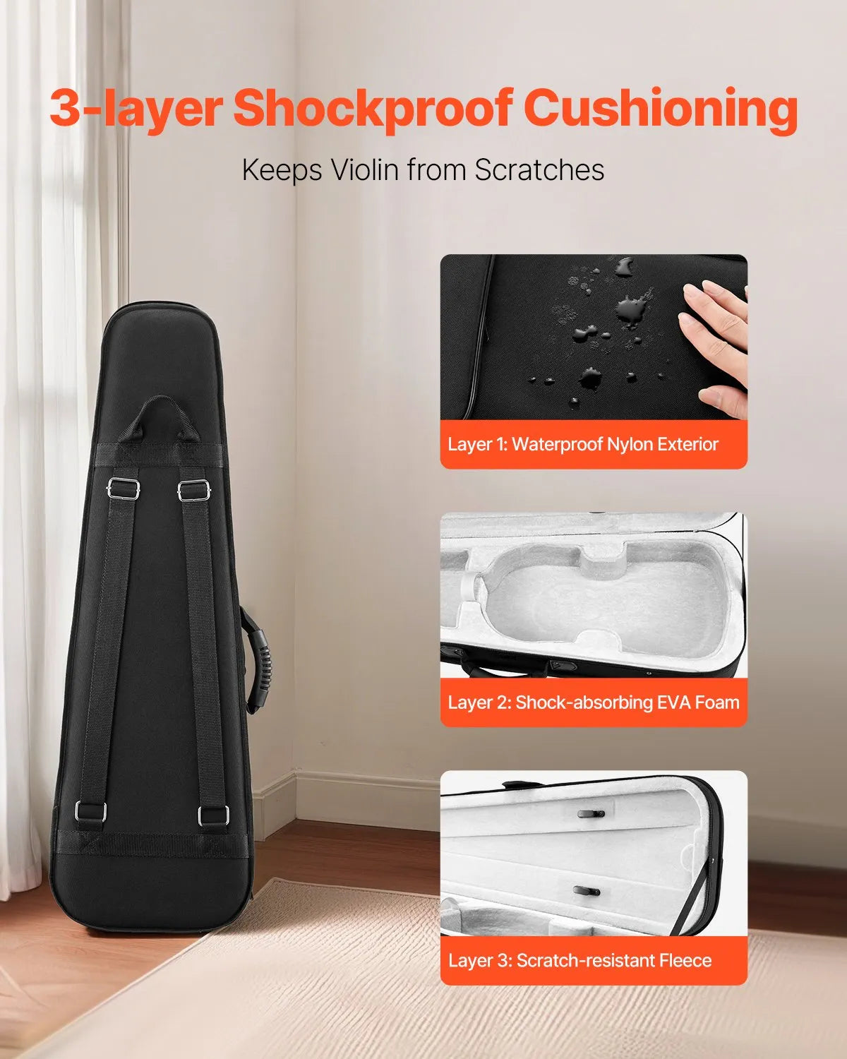 VEVOR 4/4 Violin Case, Waterproof Nylon with Soft Lining and 2 Shoulder Straps, Black