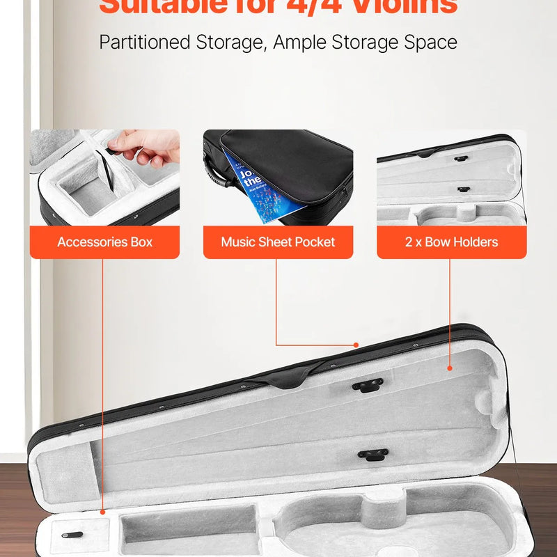 VEVOR 4/4 pilna izmēra vijoļu futrālis, ūdensizturīgs neilona pārvalks, viegls un pārnēsājams ceļojumu mais, ar mīkstu oderi, divām plecu siksnām un pret skrāpējumiem noturīgu apdari, profesionāls trīsstūra formas dizains, vijolei, melnā krāsā