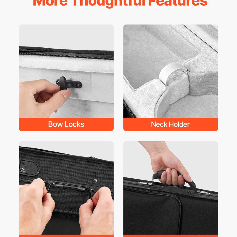 VEVOR 4/4 pilna izmēra vijoļu futrālis, ūdensizturīgs neilona pārvalks, viegls un pārnēsājams ceļojumu mais, ar mīkstu oderi, divām plecu siksnām un pret skrāpējumiem noturīgu apdari, profesionāls trīsstūra formas dizains, vijolei, melnā krāsā